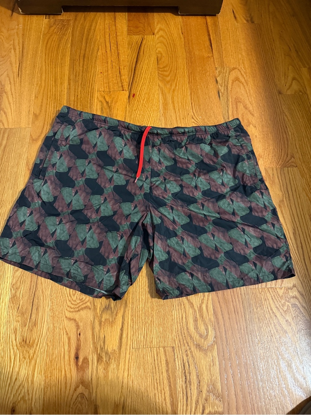 Prada Green & Black Geometric Swim Trunks with Red Drawcord